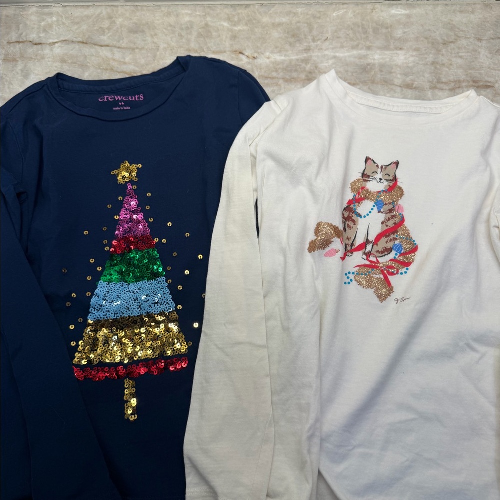Crewcuts Kids Long Sleeve Tees - Navy with Sequin Tree & White with Cat Design